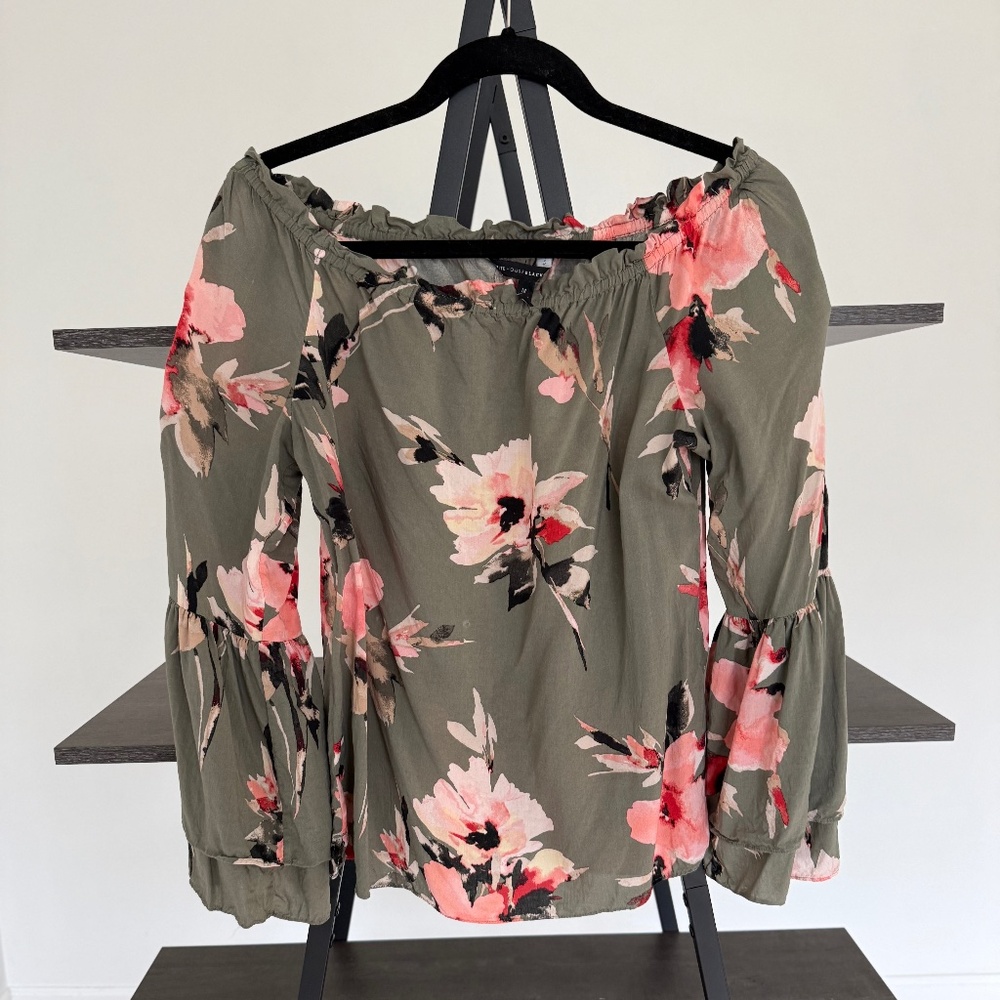 White House Black Market Olive Floral Off-Shoulder Blouse
